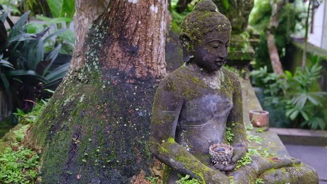 Stone Holly Buddha statue with smoke of incense stick nature background into sun light,