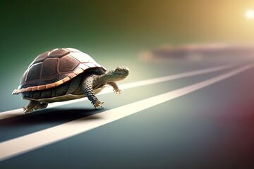 Patience is a virtue metaphorical illustration. Turtle slowly moving towards finish line. Generated by AI. - obrazy, fototapety, plakaty