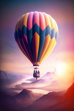 Hot air balloon flying high among epic sunset sky clouds. Vertical generative AI illustration