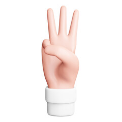 Three Number gesture hand 3D icon in front view - White sticker style