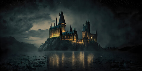 Hogwarts castle at magical night. Generative AI illustration - obrazy, fototapety, plakaty