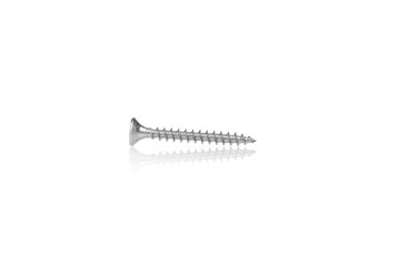 macro screw of silver color on a white background