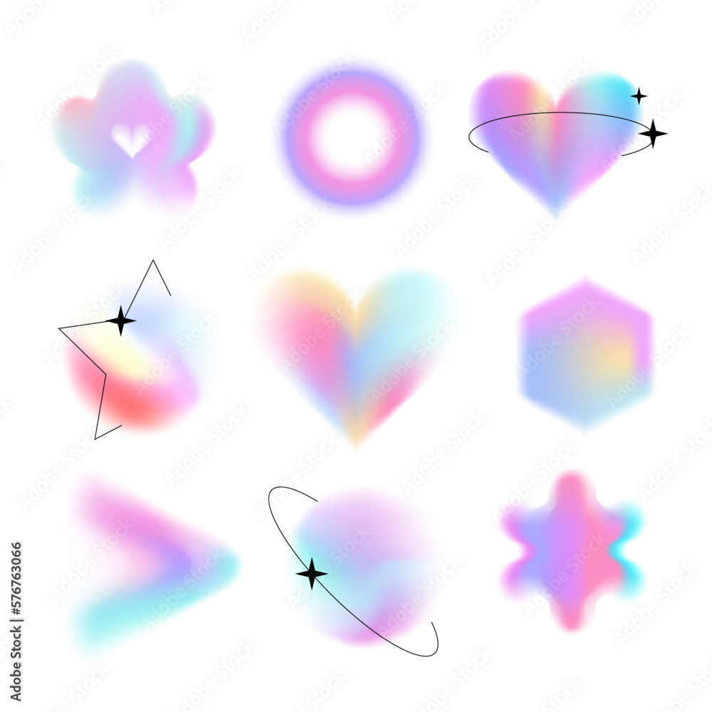 Aufkleber y2k style blurred gradient shapes set with linear forms and sparkles, blurry heart and circles aura 