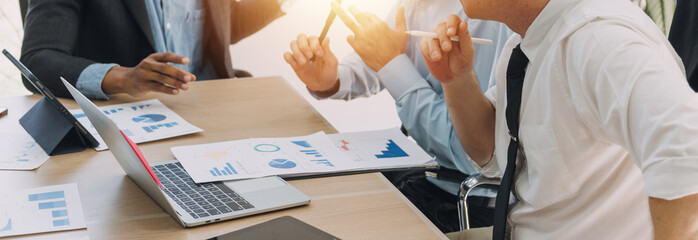 Entrepreneurs and business people conference in modern meeting room, happy multiracial coworkers have fun cooperating working together at office meeting, asian teamwork concept