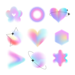 Obraz na płótnie Canvas Y2k style blurred gradient shapes set with linear forms and sparkles, blurry heart and circles aura aesthetic elements. Modern minimalistic signs with blur holo lilac gradients. Vector design.