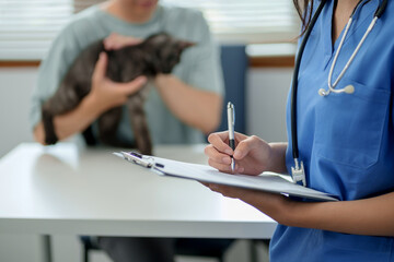 Doctor veterinarian is holding cute cat  at vet clinic.  Pet check up and vaccination. Health...