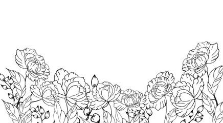 Luxury flower gold line art wallpaper. Elegant botanical pale pink PEONY flowers and decor background. Design illustration for decorative, wedding cards, home decor, packaging, print, cover, banner.