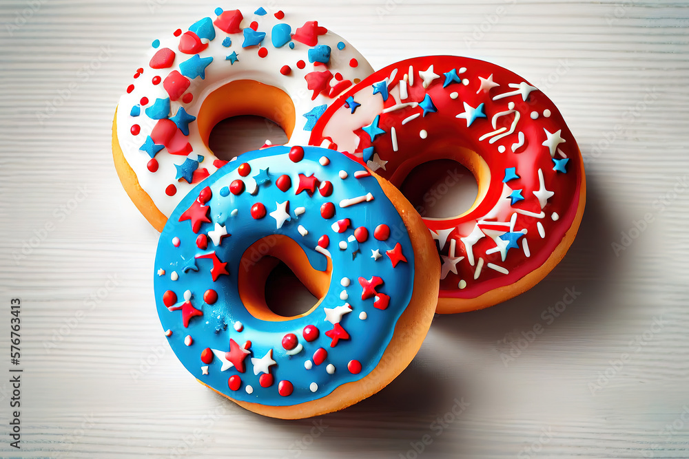 Aufkleber donuts with red icing and white lines and with blue. generative ai