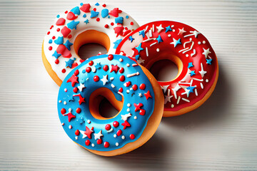 donuts with red icing and white lines and with blue. Generative Ai