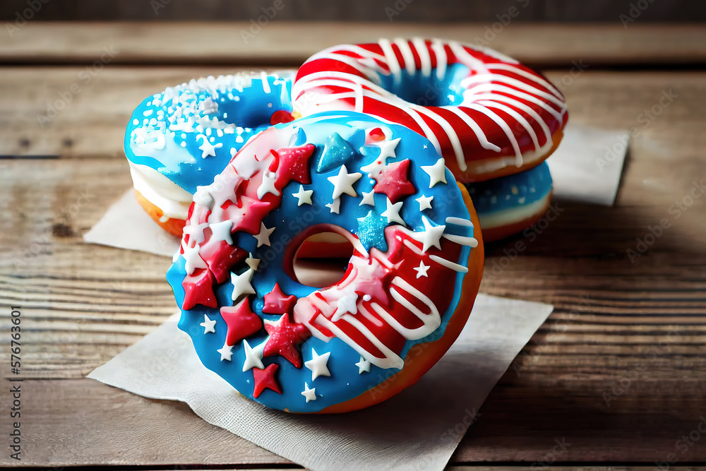 Poster donuts with red icing and white lines and with blue. generative ai