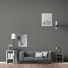Modern sofa and grey wall background niche style with book object horse head vase of plant and lamp - generative ai
