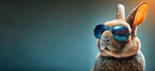 Boss rabbit wearing shades, cool rabbit on blue background with sunglasses. Image created with generative ai. - obrazy, fototapety, plakaty