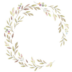 Watercolor tiny details delicate colors round wreath. Hand painted abstract greenery