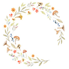 Fototapeta na wymiar Watercolor tiny details delicate colors round wreath. Hand painted abstract greenery and mushroom