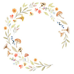 Watercolor tiny details delicate colors round wreath. Hand painted abstract greenery and mushroom