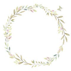 Watercolor tiny details delicate colors round wreath. Hand painted abstract greenery