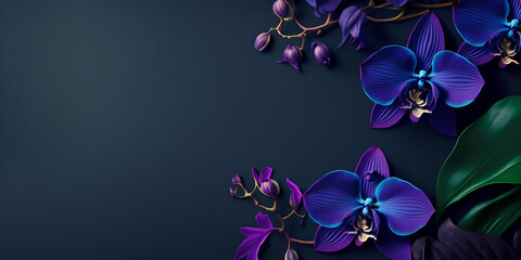 Fototapeta na wymiar Wide Empty Navy Blue Background with Purple Orchids: Design Source for Wedding Invitations.