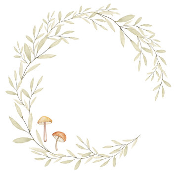 Watercolor tiny details delicate colors round wreath. Hand painted abstract greenery.