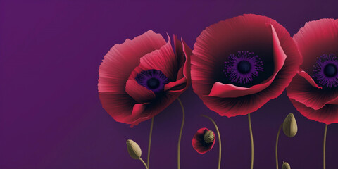 Wide Empty Purple Background Red Poppies Layout Design for Social Media Banners and Posters