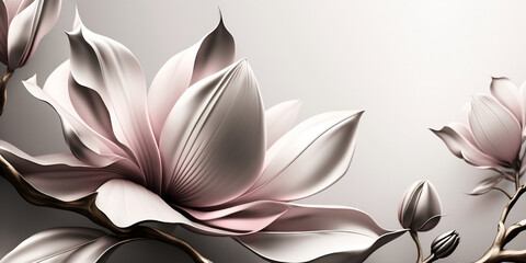 Anarchic Layout of Pink Magnolia Flowers on a Wide Empty Silver Background Design for Home Interiors