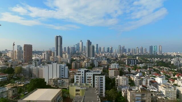 Tel Aviv city skyline and buildings as seen from Ramat Gan, Aerial view