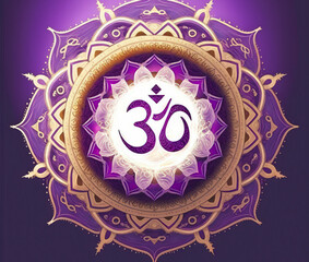 mandala with om symbol in the center on a background decorated in purple and gold. meditation, zen image for relaxation, feng shui created with Generative AI technology - obrazy, fototapety, plakaty
