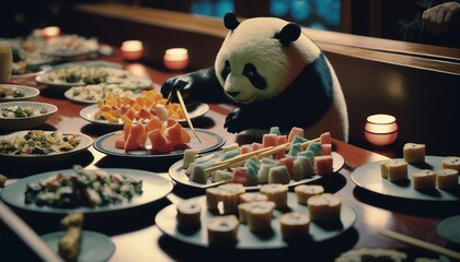 Panda eating sushi at japanese restaurant. Generative AI.