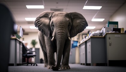 Fototapeta premium Elephant in the Office, room. Metaphor. Generative AI.