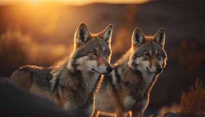 Wolf in the wild during golden hour. Wildlife. Generative AI.