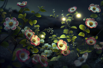 colorful glowing flowers on a dark background, Generative Ai