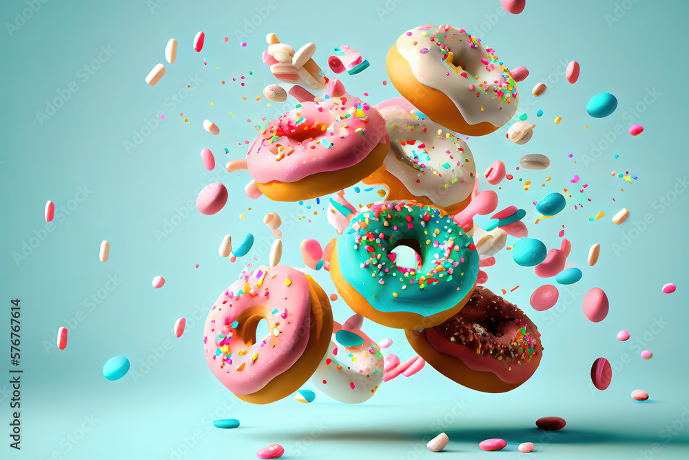 Poster assortment of glazed doughnuts with copy space. generative ai