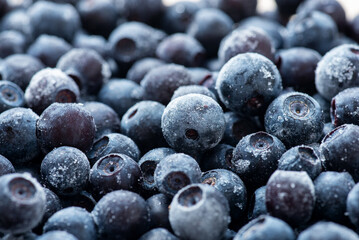 Close up of frozen blueberry. Storing berries for cold season, saving blueberry in freezer