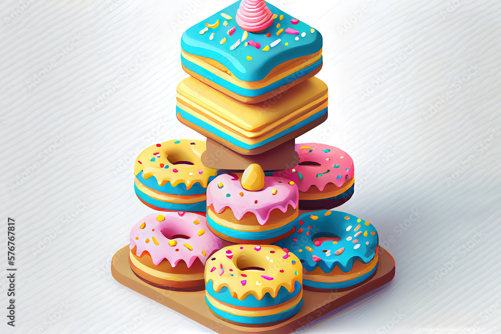 Poster stack of donut isometric icons with blue. generative ai