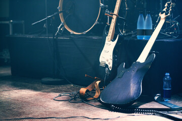 Waiting to be played. Musical instruments on an empty stage before a show.