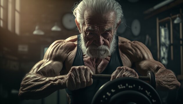 elderly man working out at the gym, lifting weights and taking care of his health in old age. ai generative