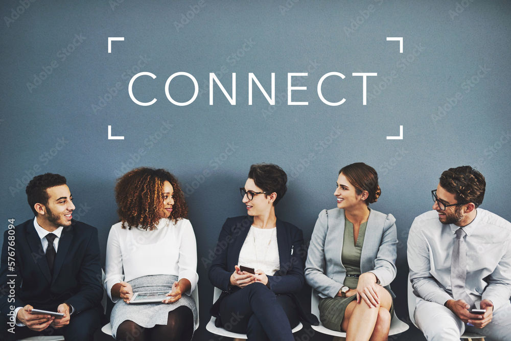 Poster Networking before their interview. Studio shot of businesspeople talking while waiting in line with the word network above them against a gray background.