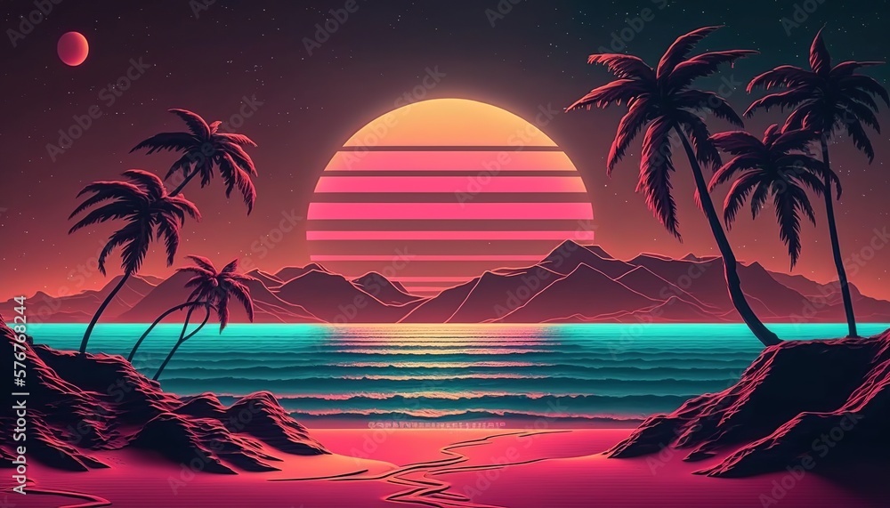 Wall mural Beach retro wave or synthwave background, retro summer sunset wallpaper. generative ai