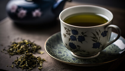 Obraz na płótnie Canvas Composition with cup of green tea, Generative AI
