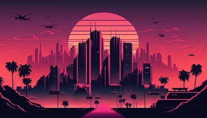 city Retro wave or synthwave background, retro summer sunset wallpaper. generative ai