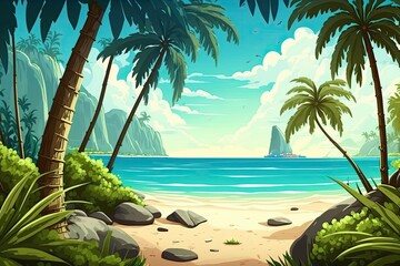 tropical paradise with palm trees and a beautiful beach. Generative AI