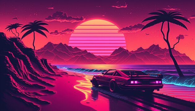 Car retro wave or synthwave background, retro summer sunset wallpaper. generative ai