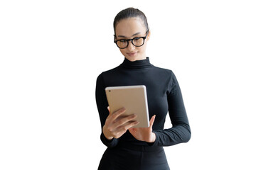 A business woman using a tablet to surf the internet 5 g, transparent background, isolated png.and