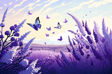 Summer morning with fluttering butterflies and a backdrop of blooming lavender. Purple lavender in full bloom, viewed from a distance. Generative AI