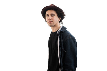 Young hipster guy in a hat, transparent background, isolated png.