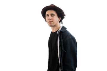 Young hipster guy in a hat, transparent background, isolated png.