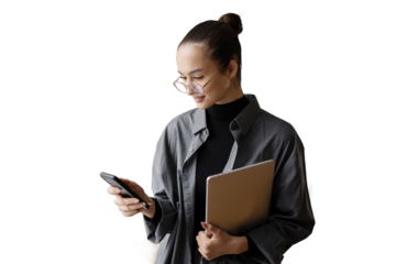 A young woman using a phone writes a message, transparent background, isolated png.