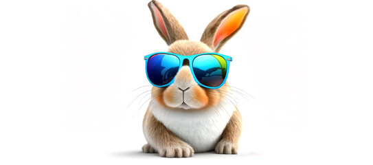 Cute Easter bunny with sunglasses Fabulous Cool rabbit wearing colorful shades, brown and white rabbit on white background with tinted sunglasses. Image created with generative ai. - obrazy, fototapety, plakaty