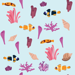 Seamless pattern marine tropical fish and shells, algae and underwater plants on a blue background. Pattern for textiles in cartoon style.