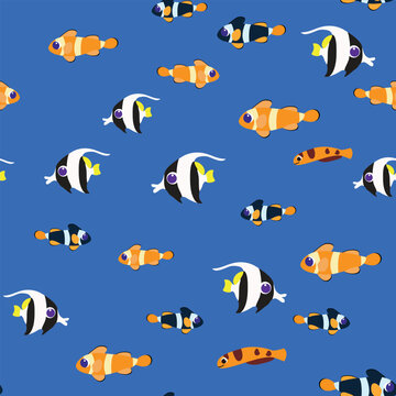 Seamless pattern tropical fish swim underwater. Pattern for textiles in cartoon style. © Kateryna Polishchuk