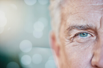 Retina, vision and mockup with blue eye of old man for focus, optometry and healthcare. Iris, human...